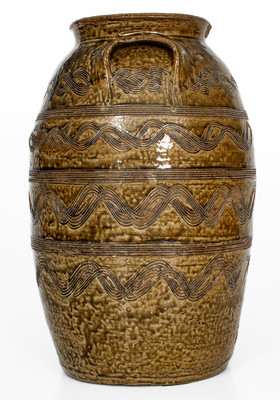 Exceptional attrib. Jacob Eichelberger, Talladega Co, AL Stoneware Jar w/ Profuse Incised Decoration