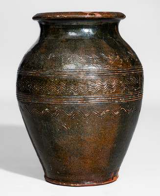 Rare Copper-Glazed Redware Jar w/ Elaborate Incised Decoration, Eastern TN or Southwestern VA
