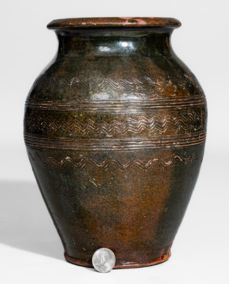 Rare Copper-Glazed Redware Jar w/ Elaborate Incised Decoration, Eastern TN or Southwestern VA