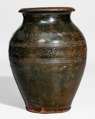 Rare Copper-Glazed Redware Jar w/ Elaborate Incised Decoration, Eastern TN or Southwestern VA