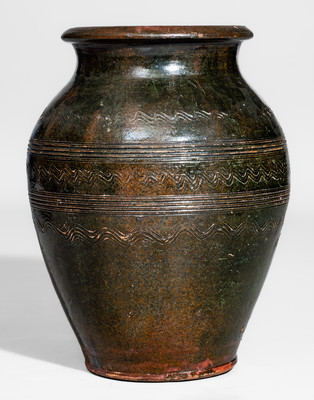 Rare Copper-Glazed Redware Jar w/ Elaborate Incised Decoration, Eastern TN or Southwestern VA