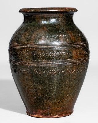 Rare Copper-Glazed Redware Jar w/ Elaborate Incised Decoration, Eastern TN or Southwestern VA