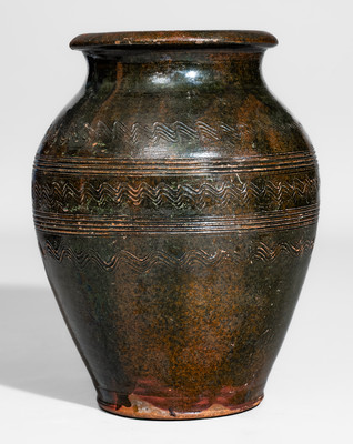 Rare Copper-Glazed Redware Jar w/ Elaborate Incised Decoration, Eastern TN or Southwestern VA