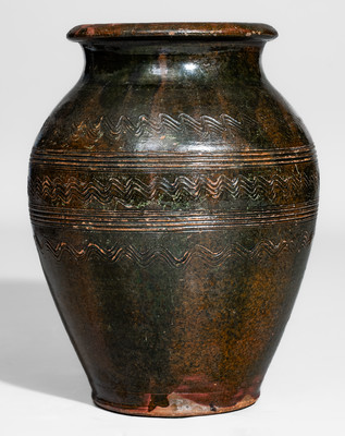 Rare Copper-Glazed Redware Jar w/ Elaborate Incised Decoration, Eastern TN or Southwestern VA