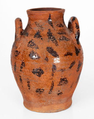 Rare Open-Handled East Tennessee Redware Jar w/ Elaborate Manganese Slash Decoration