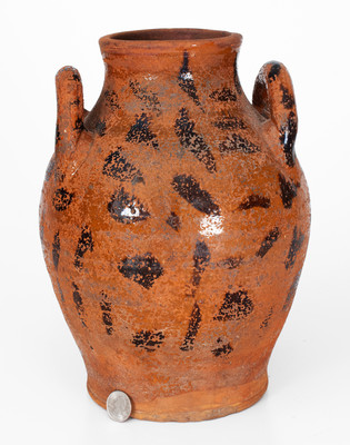 Rare Open-Handled East Tennessee Redware Jar w/ Elaborate Manganese Slash Decoration