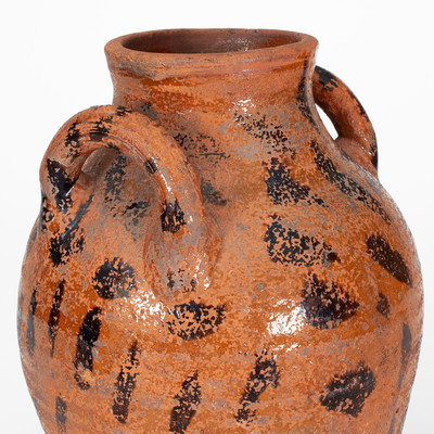 Rare Open-Handled East Tennessee Redware Jar w/ Elaborate Manganese Slash Decoration