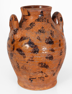 Rare Open-Handled East Tennessee Redware Jar w/ Elaborate Manganese Slash Decoration