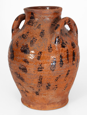 Rare Open-Handled East Tennessee Redware Jar w/ Elaborate Manganese Slash Decoration