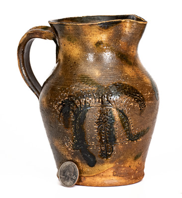 Exceedingly Rare Redware Pitcher w/ Elaborate Copper Slashes and Incised Tree, probably Greene Co, TN