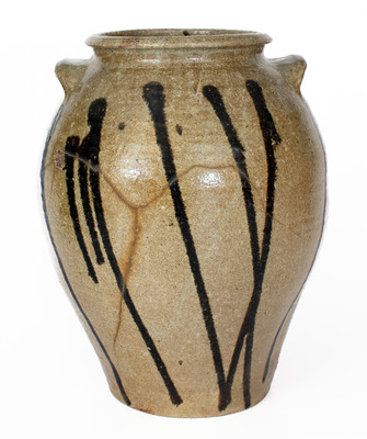 Rare Four-Gallon Alkaline-Glazed Stoneware Jar w/ Elaborate Iron Slip Decoration, probably Upstate SC