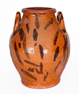 Rare attrib. Cain Pottery, Sullivan County, TN Open-Handled Redware Jar w/ Elaborate Manganese Slashes