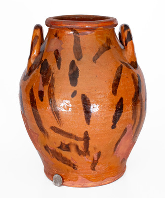 Rare attrib. Cain Pottery, Sullivan County, TN Open-Handled Redware Jar w/ Elaborate Manganese Slashes