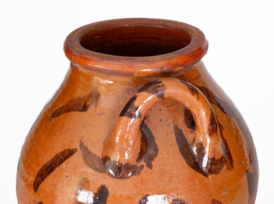 Rare attrib. Cain Pottery, Sullivan County, TN Open-Handled Redware Jar w/ Elaborate Manganese Slashes