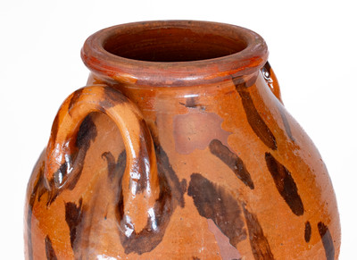 Rare attrib. Cain Pottery, Sullivan County, TN Open-Handled Redware Jar w/ Elaborate Manganese Slashes