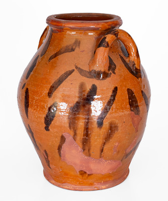 Rare attrib. Cain Pottery, Sullivan County, TN Open-Handled Redware Jar w/ Elaborate Manganese Slashes