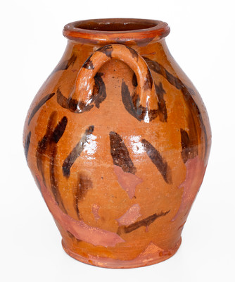 Rare attrib. Cain Pottery, Sullivan County, TN Open-Handled Redware Jar w/ Elaborate Manganese Slashes