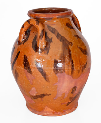 Rare attrib. Cain Pottery, Sullivan County, TN Open-Handled Redware Jar w/ Elaborate Manganese Slashes