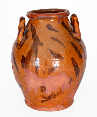 Rare attrib. Cain Pottery, Sullivan County, TN Open-Handled Redware Jar w/ Elaborate Manganese Slashes