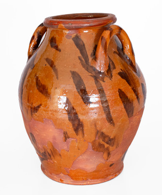 Rare attrib. Cain Pottery, Sullivan County, TN Open-Handled Redware Jar w/ Elaborate Manganese Slashes