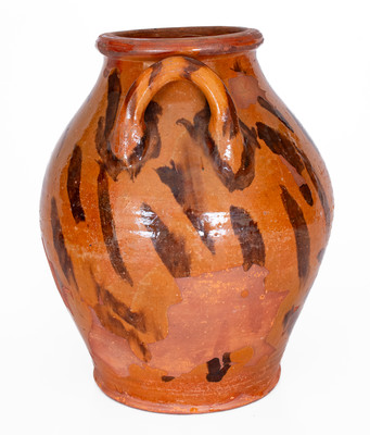 Rare attrib. Cain Pottery, Sullivan County, TN Open-Handled Redware Jar w/ Elaborate Manganese Slashes