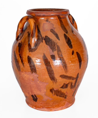 Rare attrib. Cain Pottery, Sullivan County, TN Open-Handled Redware Jar w/ Elaborate Manganese Slashes