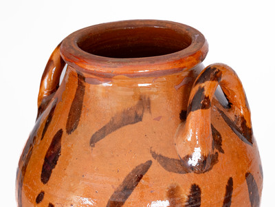 Rare attrib. Cain Pottery, Sullivan County, TN Open-Handled Redware Jar w/ Elaborate Manganese Slashes