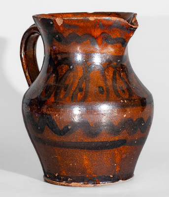 Outstanding Redware Pitcher w/ Looping Manganese Slip Decoration, Tennessee or Virginia