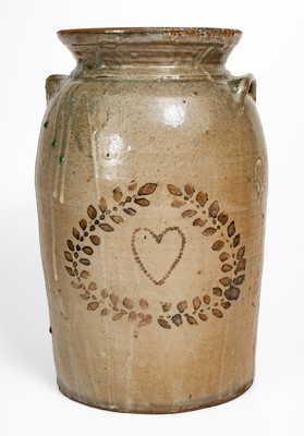 Rare attrib. Whelchel Family, Gaffney, SC Area Stoneware Churn w/ Iron-Slip Heart Motif
