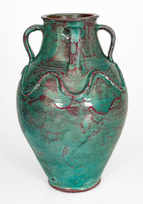 Exceptional JUGTOWN WARE, North Carolina Four-Handled Stoneware Vase w/ Chinese Blue Glaze