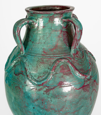 Exceptional JUGTOWN WARE, North Carolina Four-Handled Stoneware Vase w/ Chinese Blue Glaze