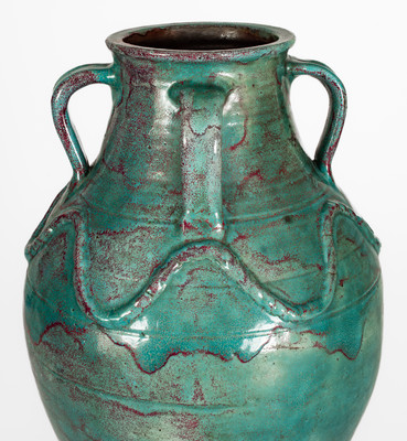 Exceptional JUGTOWN WARE, North Carolina Four-Handled Stoneware Vase w/ Chinese Blue Glaze