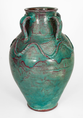 Exceptional JUGTOWN WARE, North Carolina Four-Handled Stoneware Vase w/ Chinese Blue Glaze