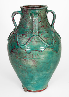 Exceptional JUGTOWN WARE, North Carolina Four-Handled Stoneware Vase w/ Chinese Blue Glaze