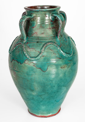 Exceptional JUGTOWN WARE, North Carolina Four-Handled Stoneware Vase w/ Chinese Blue Glaze