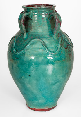 Exceptional JUGTOWN WARE, North Carolina Four-Handled Stoneware Vase w/ Chinese Blue Glaze