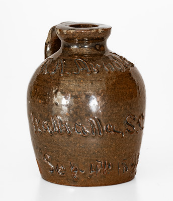 Miniature Albany-Slip-Glazed Stoneware Jug: "R.A. Arnold / Walhalla, S.C. / Sep. 17th 1891"