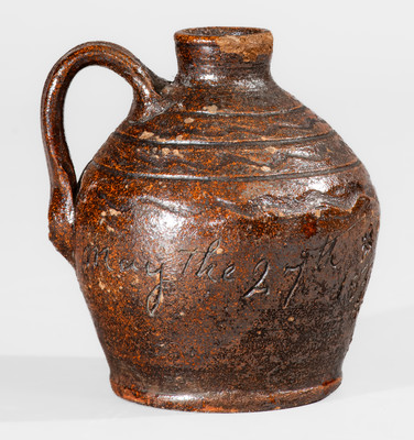 Exceedingly Rare and Important "George Mort May the 27th 1859" Miniature Redware Jug, Jefferson County, TN