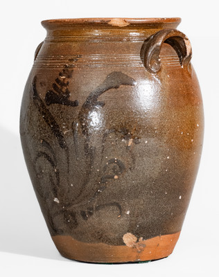 Very Rare attrib. Mottern Pottery, Carter County, Tenn. Redware Jar w/ Manganese Slip Floral Decoration