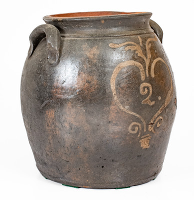 Very Rare attrib. Mottern Pottery, Carter County, Tenn. Stoneware Jar w/ White-Slip Heart Decoration