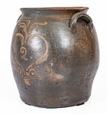 Very Rare attrib. Mottern Pottery, Carter County, Tenn. Stoneware Jar w/ White-Slip Heart Decoration