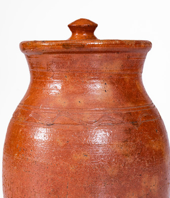 Probably Carter County, TN Redware Jar w/ Lid, Inscribed "25," c1840-80