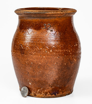 Redware Jar w/ Incised Sine Wave Decoration, Inscribed "32," probably Carter County, Tenn.