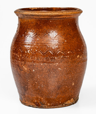 Redware Jar w/ Incised Sine Wave Decoration, Inscribed "32," probably Carter County, Tenn.