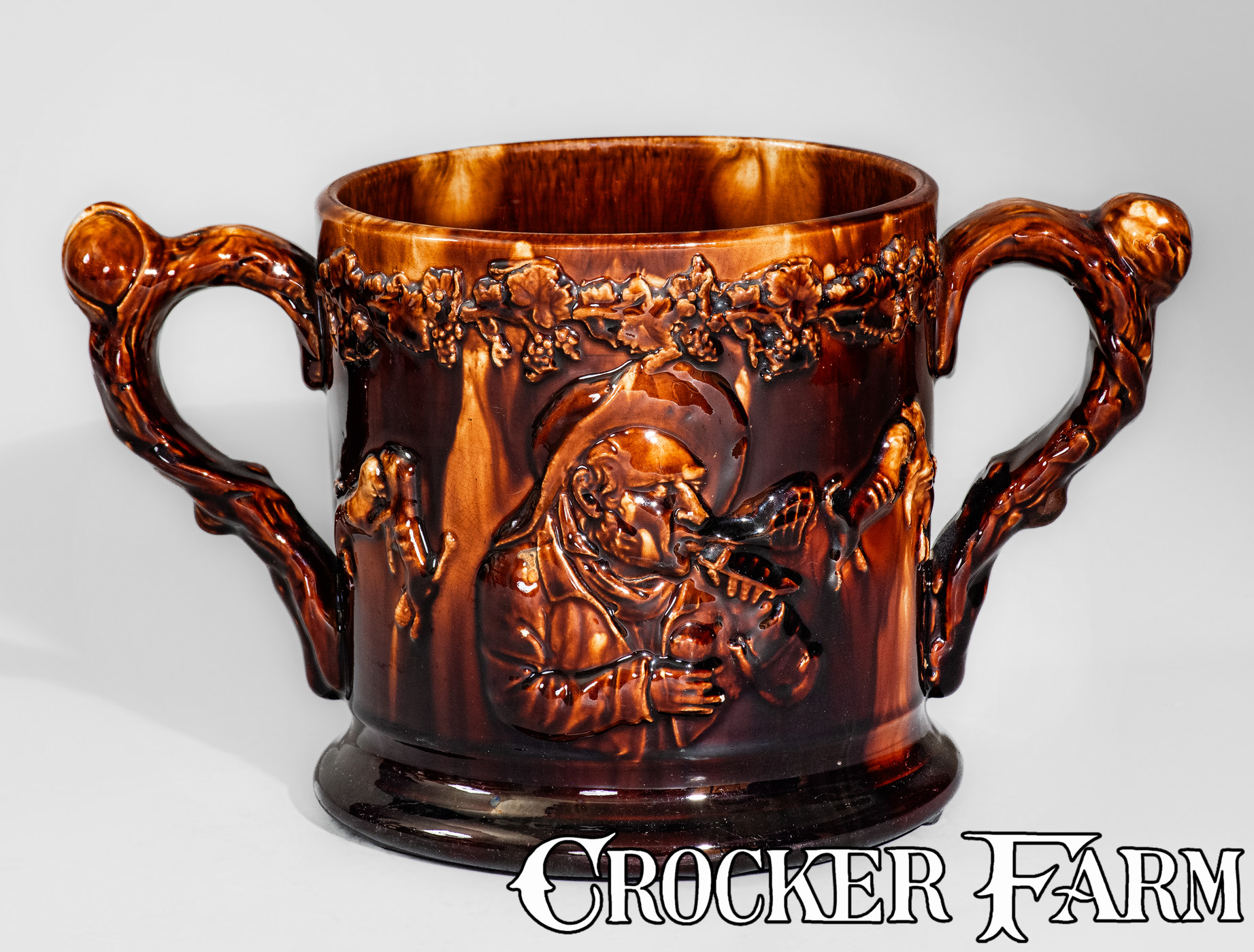 Rockingham Pottery English Rockingham-Glazed Pottery Loving Cup w/ Applied Frogs and Snake ...