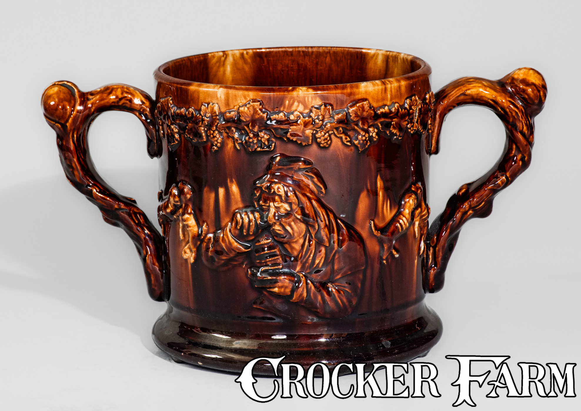 French Rockingham Pottery English Rockingham-Glazed Pottery Loving Cup w/ Applied Frogs and Snake ...