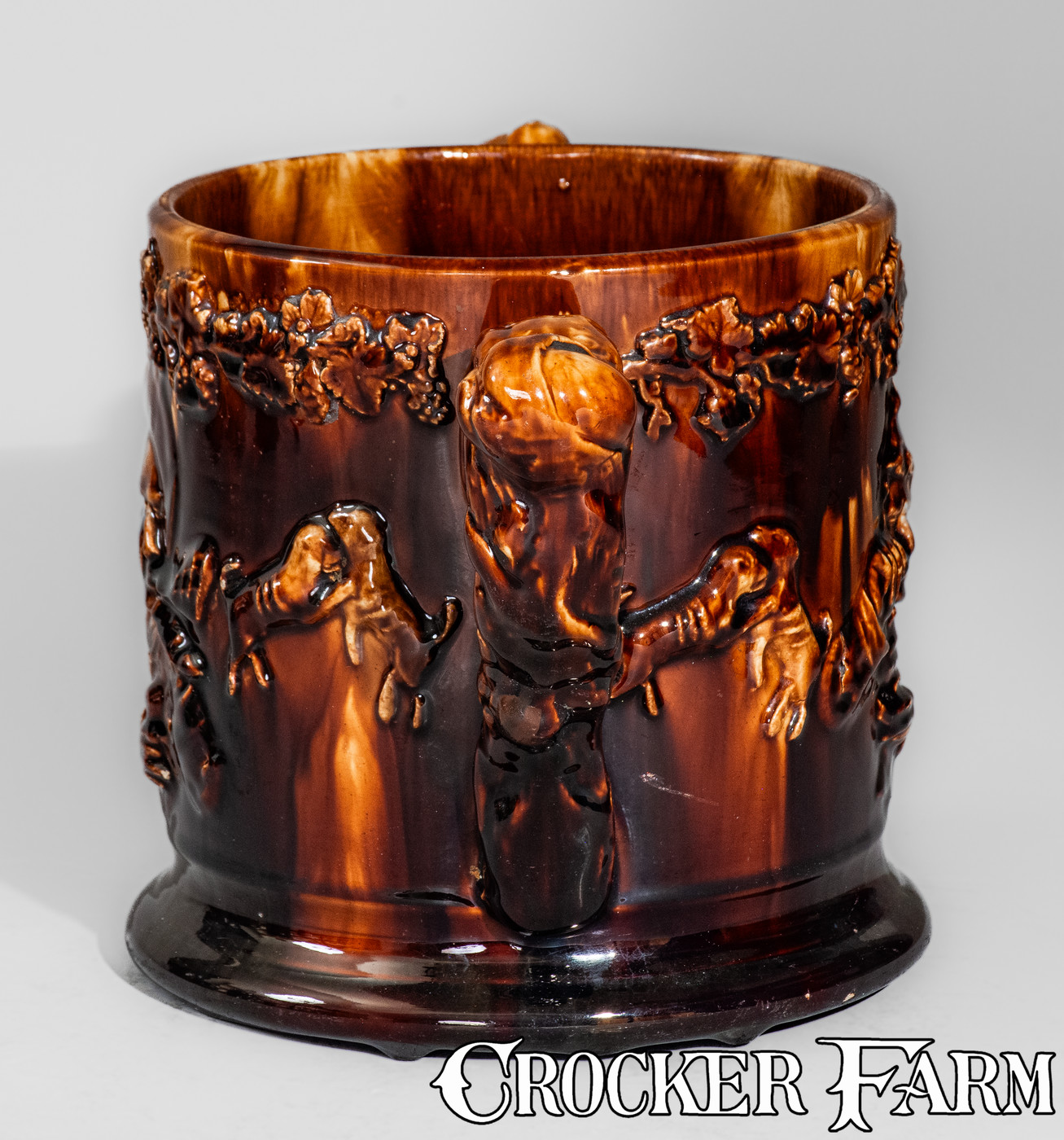 Rockingham Pottery English Rockingham-Glazed Pottery Loving Cup w/ Applied Frogs and Snake ...