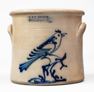 Scarce J. & E. NORTON. / BENNINGTON VT Stoneware Crock w/ Cobalt Bird on Stump