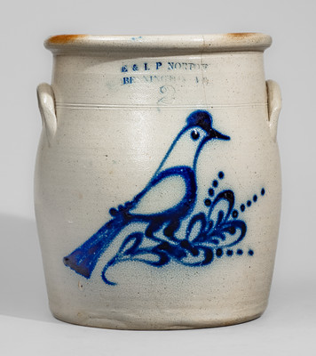 E & L P NORTON / BENNINGTON, VT Stoneware Jar w/ Cobalt Bird Decoration, c1870