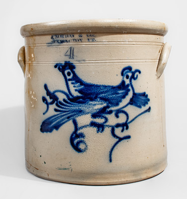 J. NORTON & CO. / BENNINGTON VT Four-Gallon Stoneware Double Bird Crock